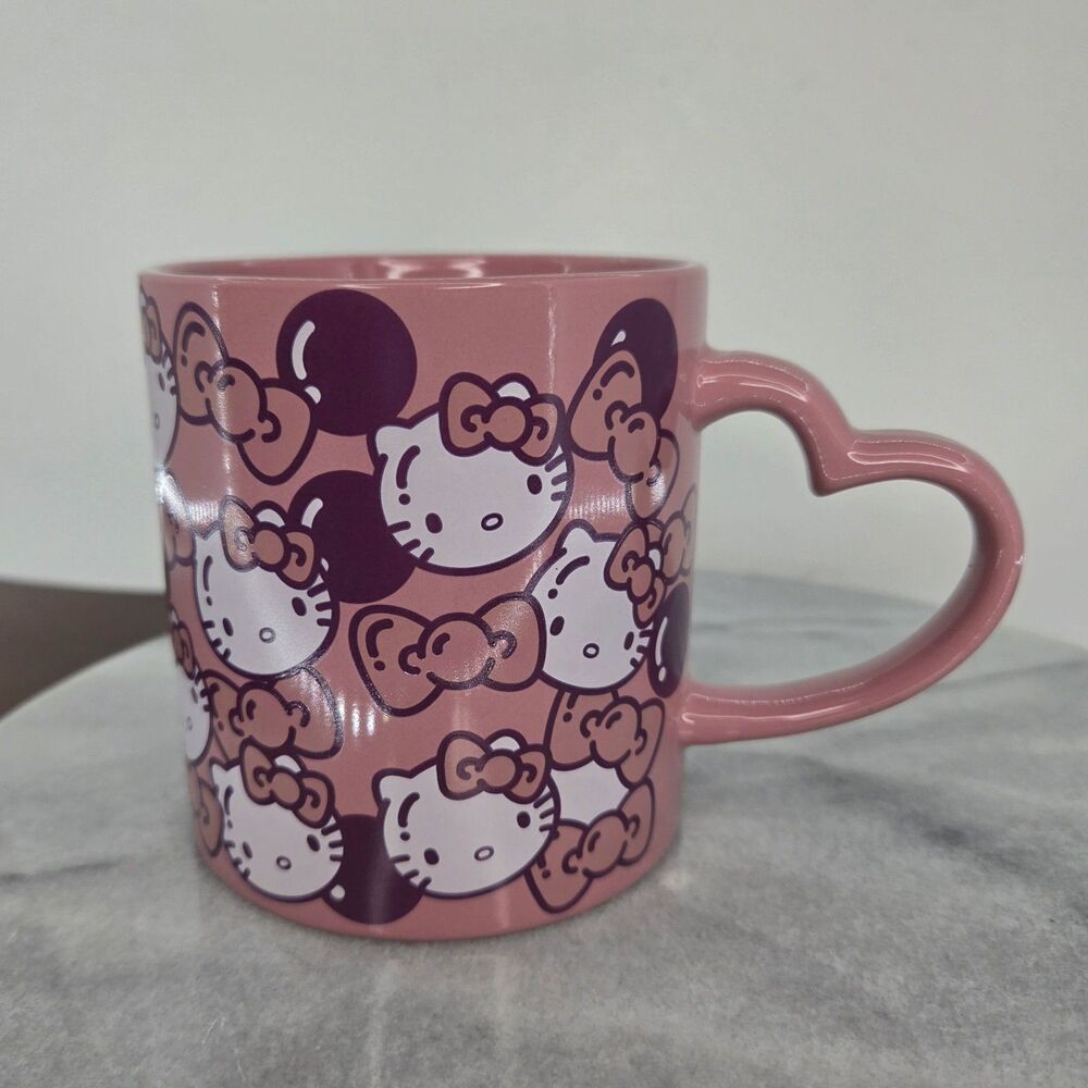 Bioworld Hello Kitty Sanrio Pink Coffee Mug Heart Handle Ceramic Cup Cute Cat